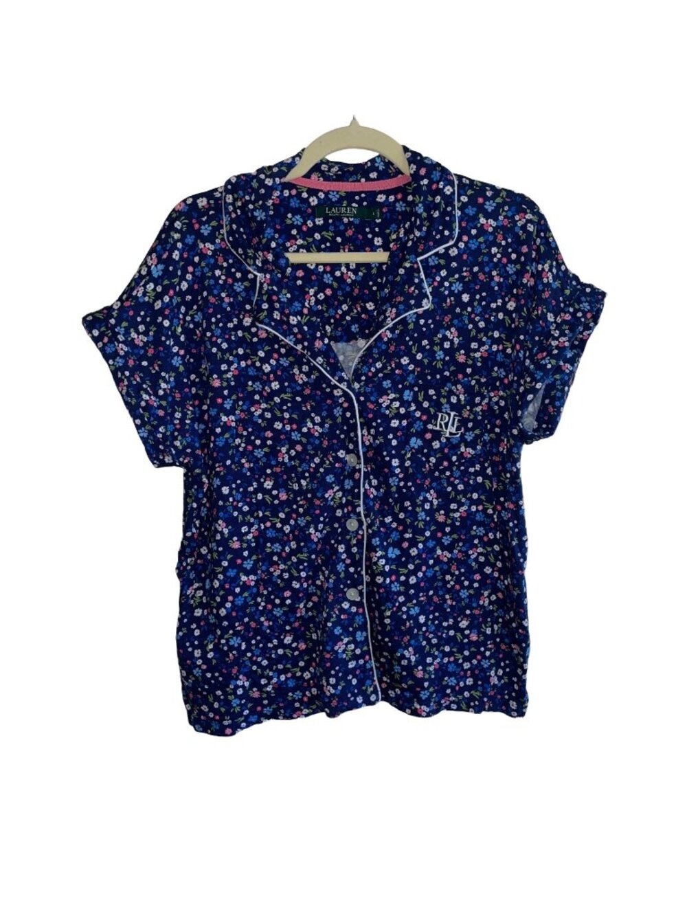 Ralph Lauren Womens Floral Print Pajama Top L Short Sleeve Button-Down Navy